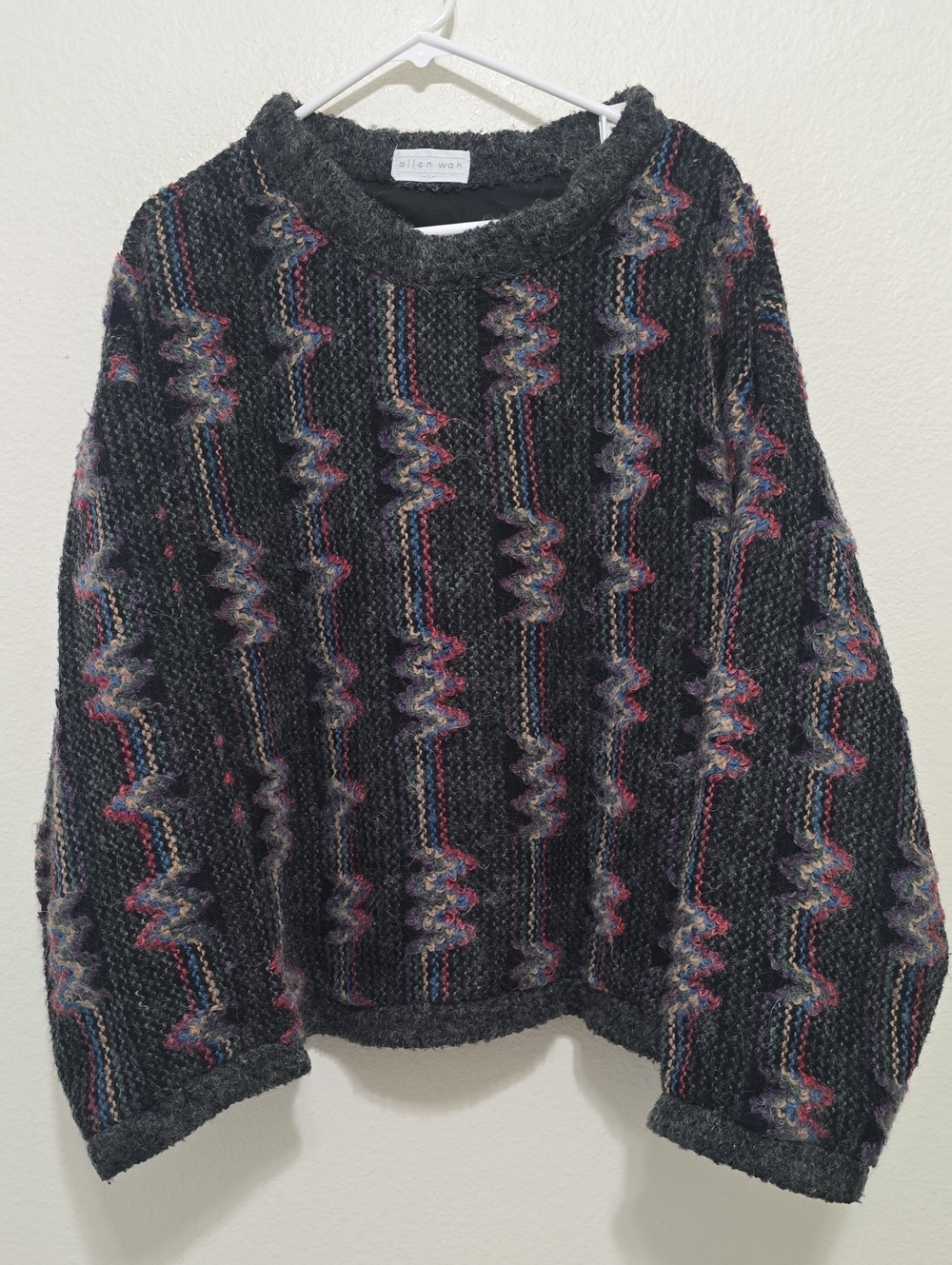 Allen Wah Vintage Dark Gray Textured Crewneck Sweater with Multicolor Accents L